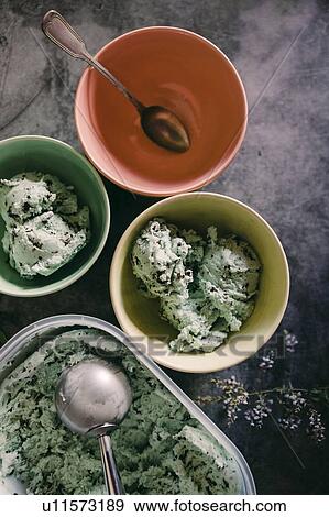 Stock Photo - Bowls of mint chocolate chip ice cream. Fotosearch