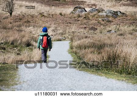Stock Image - Boy exploring national park, Llanaber, Gwynedd, United Kingdom. Fotosearch