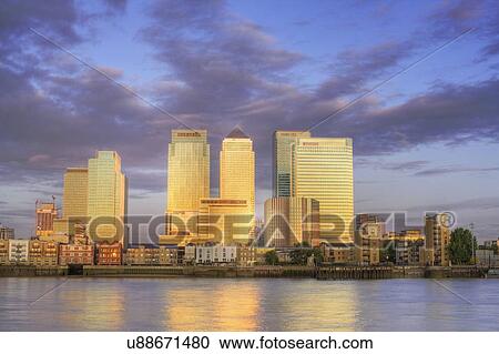 Stock Image - Canary Wharf, London, UK, at dawn. Fotosearch