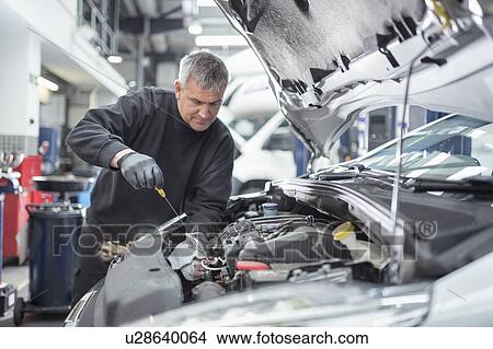 Engineer checking oil level in car service centre View Large Photo Image Picture - Engineer checking oil level in car service centre. Fotosearch