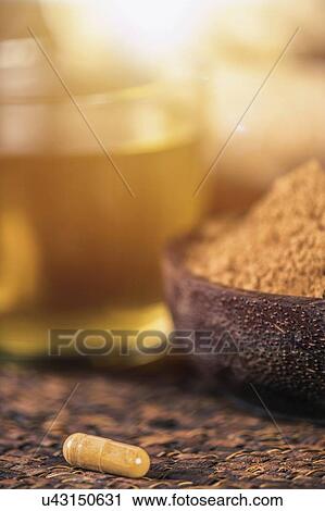 Stock Image - Ginger herbal supplement capsule, ginger powder and tea. Fotosearch