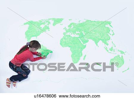 Girl drawing map of the world View Large Photo Image Stock Photograph - Girl drawing map of the world. Fotosearch