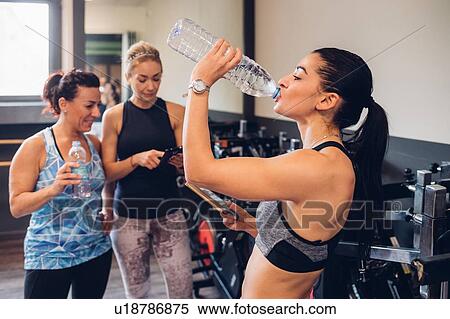 Group of women training in gym, taking a break drinking bottled water View Large Photo Image Stock Photography - Group of women training in gym, taking a break drinking bottled water. Fotosearch