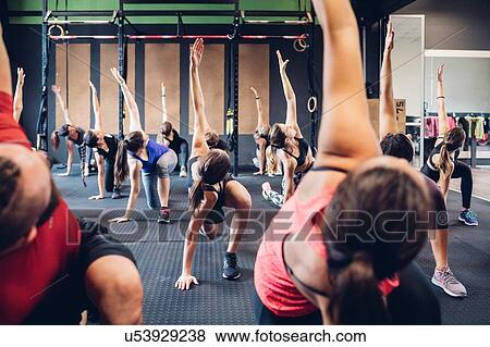 Stock Photo - Group of women training in gym with male trainer, bending forward with arm raised. Fotosearch