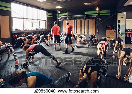 Stock Image - Large group of women training in gym with male trainers, bending forward with legs outstretched. Fotosearch