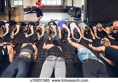 Stock Photography - Large group of women training in gym with male trainer, doing push ups. Fotosearch