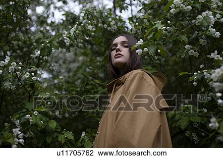 Stock Image - Low angle view of young woman by blossoms. Fotosearch