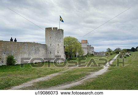 Stock Image - Medieval city wall surrounding city, Visby, Gotlands Lan, Sweden. Fotosearch
