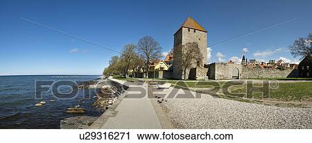 Stock Image - Panoramic view of coast in historic city, Visby, Gotlands Lan, Sweden. Fotosearch