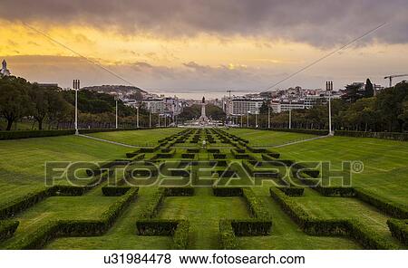 Stock Photo - Parque Eduardo VII at sunset, Lisbon, Portugal. Fotosearch