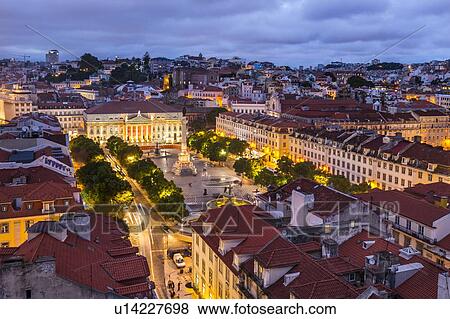 Stock Photo - Rossio Square at night, Lisbon, Portugal. Fotosearch