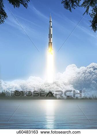 Stock Image - Saturn 5 rocket during launch, illustration. Fotosearch