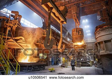 Steel furnace opening up to remove ladle during molten steel pour in steelworks View Large Photo Image Stock Image - Steel furnace opening up to remove ladle during molten steel pour in steelworks. Fotosearch