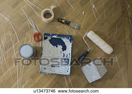 View directly above painting tools View Large Photo Image Stock Photograph - View directly above painting tools. Fotosearch