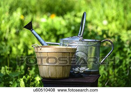 Stock Photo - Watering can and wicker basket. Fotosearch