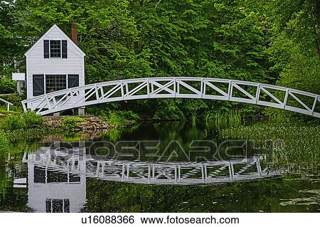 Stock Photograph - White building and bridge in Somesville, Mount Desert Island, USA. Fotosearch