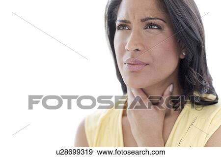 Stock Photo - Woman touching her throat in pain. Fotosearch