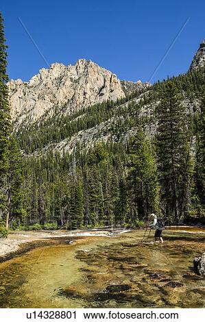 Stock Image - Woman wading through river by Sawtooth Mountains in Stanley, Idaho, USA. Fotosearch