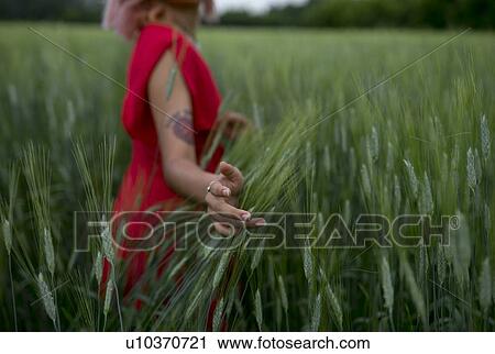Woman wearing red dress in wheat field View Large Photo Image Stock Image - Woman wearing red dress in wheat field. Fotosearch