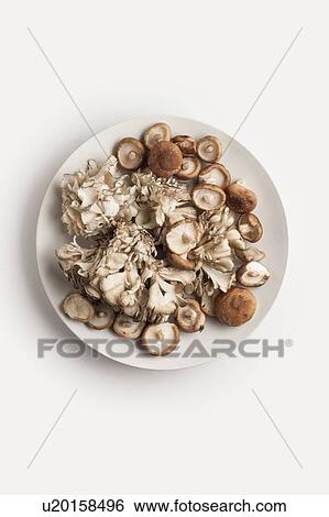 Stock Photograph - A plate of maitake and shiitake mushrooms. Fotosearch