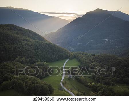 Stock Image - Aerial view of landscape at sunset, Dresnica, Triglav National Park, Upper Carniola, Slovenia. Fotosearch