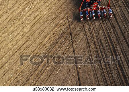 Stock Image - Aerial view of tractor sowing corn in field. Fotosearch