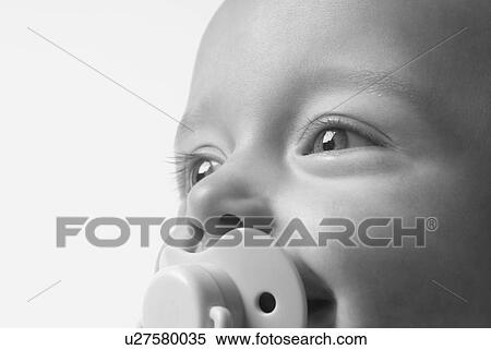 Stock Photography - Black and white photo of baby with pacifier. Fotosearch