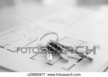 Black and White Photo of house keys on property floor plans View Large Photo Image Stock Photo - Black and White Photo of house keys on property floor plans. Fotosearch