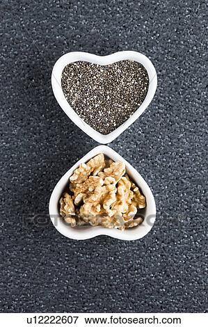 Black chia seeds and walnuts in heart shaped dish View Large Photo Image Stock Photo - Black chia seeds and walnuts in heart shaped dish. Fotosearch
