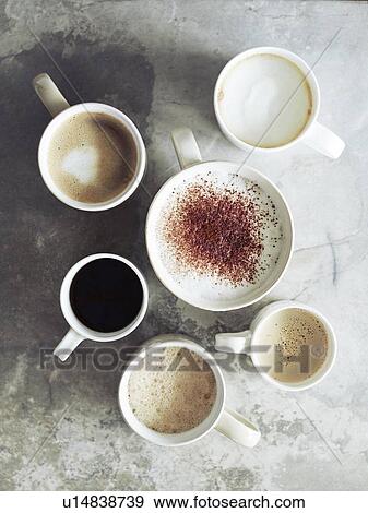 Stock Photo - Black coffee, hot chocolate, coffee and empty mug. Fotosearch
