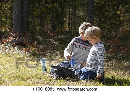 Stock Photography - Brothers having picnic in forest on sunny day. Fotosearch