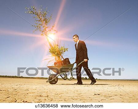 Stock Photo - Businessman planting plants in desert. Fotosearch