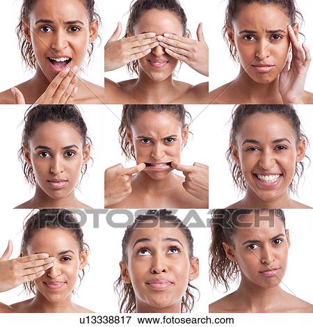 Stock Photo - Collage of black female pulling many expressions. Fotosearch
