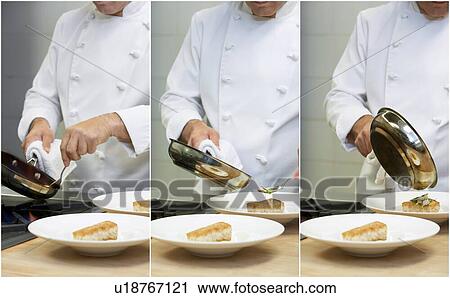 Collage of Chef cooking pan fried cod in kitchen View Large Photo Image Stock Image - Collage of Chef cooking pan fried cod in kitchen. Fotosearch