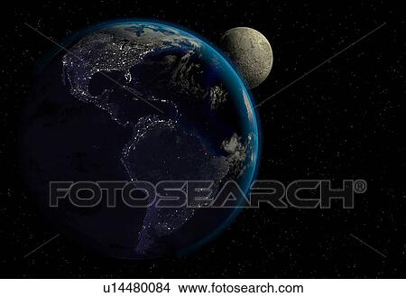 Picture - Earth and Moon, illustration. Fotosearch