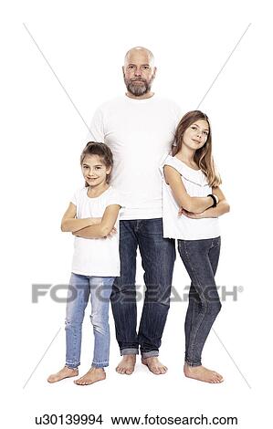Father and daughters with arms crossed, white background View Large Photo Image Picture - Father and daughters with arms crossed, white background. Fotosearch