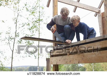 Father and son building treehouse together in garden View Large Photo Image Picture - Father and son building treehouse together in garden. Fotosearch