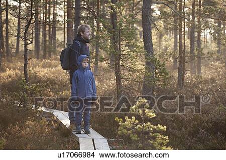 Picture - Father and son exploring forest, Finland. Fotosearch