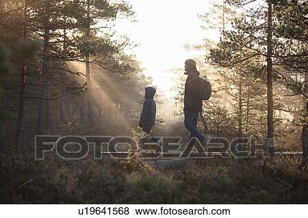 Stock Photo - Father and son walking on planks in forest, Finland. Fotosearch