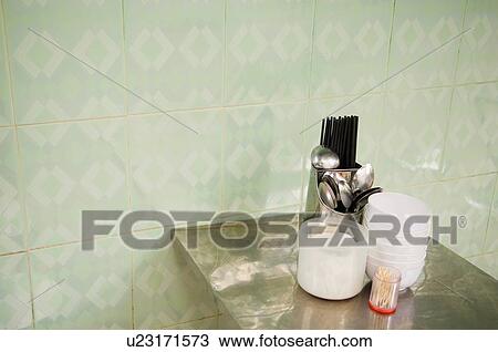 Flatware and Bowls on Table in Cafe View Large Photo Image Stock Image - Flatware and Bowls on Table in Cafe. Fotosearch