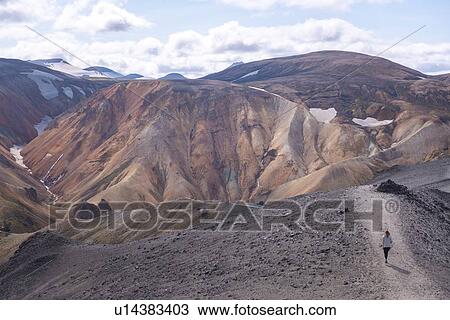 Hiker exploring mountains, Brennisteinsalda and Blhnjkur, Landmannalaugar, Highlands, Iceland View Large Photo Image Stock Image - Hiker exploring mountains, Brennisteinsalda and Blhnjkur, Landmannalaugar, Highlands, Iceland. Fotosearch