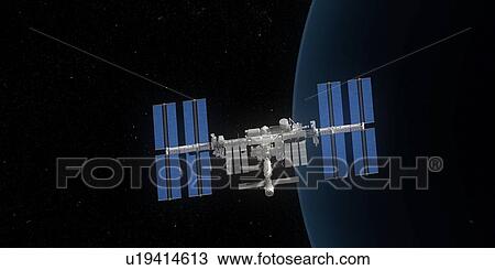 Stock Image - ISS and Earth, illustration. Fotosearch