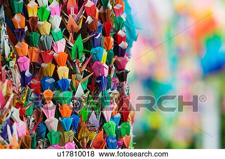 Stock Photo - Japan Hiroshima Peace Memorial Park colorful paper cranes. Fotosearch