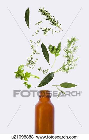 Stock Photo - Medicinal herbs pouring out of bottle. Fotosearch