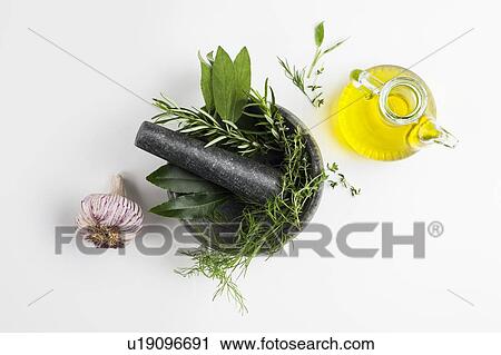 Stock Image - Mortar and pestle with garlic and herbs and olive oil. Fotosearch
