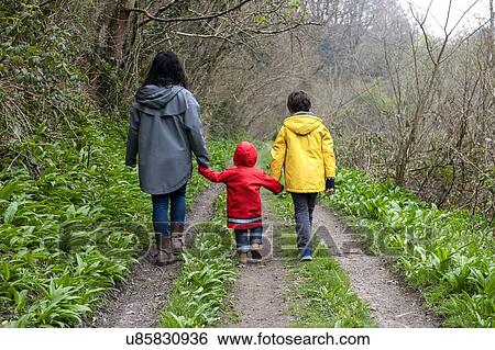 Stock Photograph - Mother and sons walking together on a rainy misty day in woodland.. Fotosearch