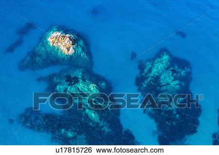 Stock Photograph - Overhead view, coral reefs, Villasimius, Cagliari, Sardinia. Fotosearch