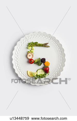 Plate with number 5 made of fruit and greens View Large Photo Image Stock Photo - Plate with number 5 made of fruit and greens. Fotosearch