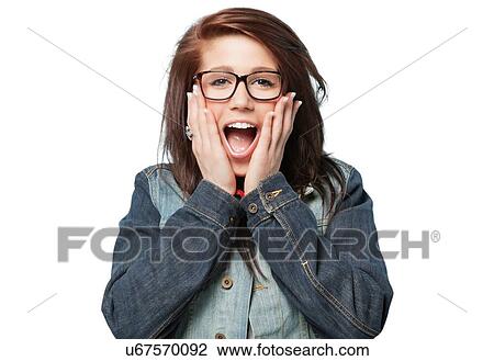 Stock Image - Pretty shocked woman wearing glasses. Fotosearch