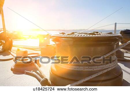Picture - Rope fastened on boat. Fotosearch
